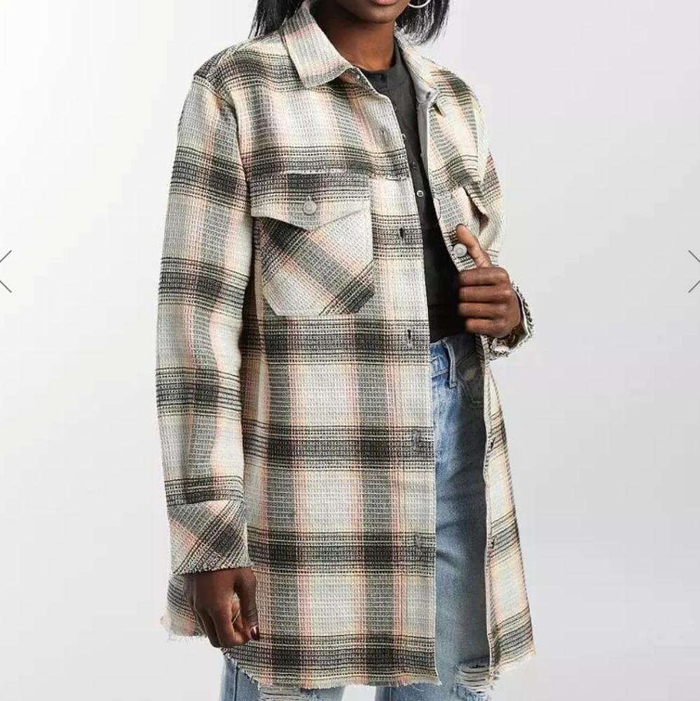 BKE Women's Plaid Shacket in Cream, Green & Pink